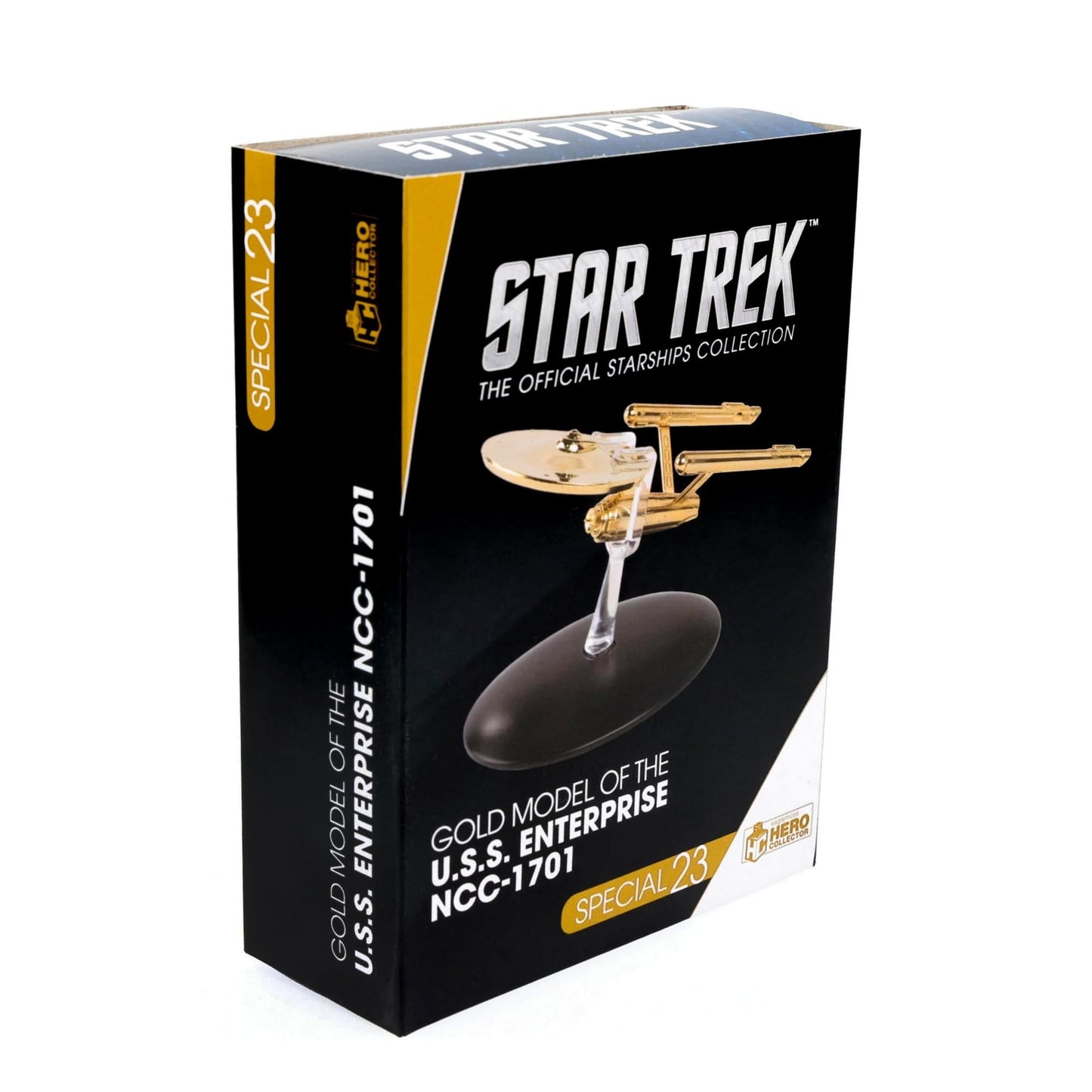 Top-down view of the gold-plated Star Trek Enterprise model showing saucer section and nacelles