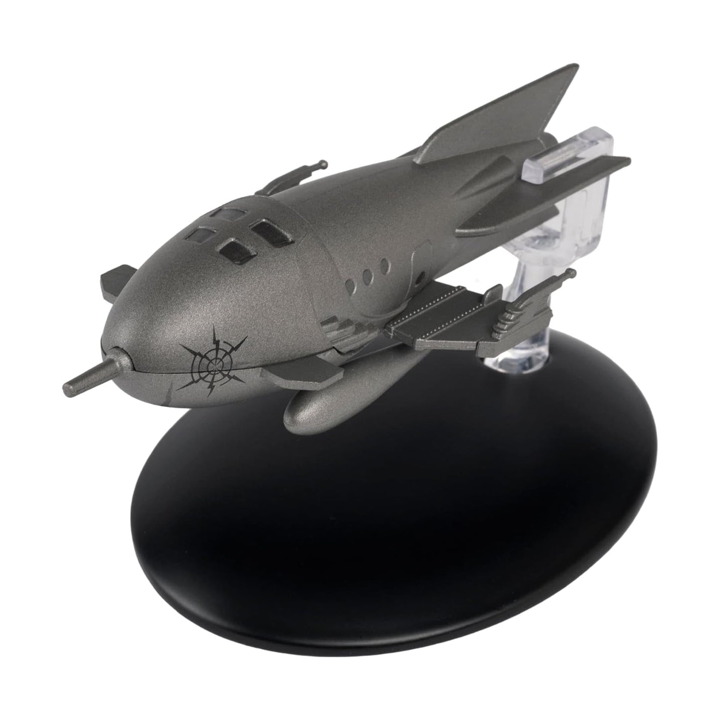 Angled three-quarter view of the Starship replica highlighting the classic pulp sci-fi nosecone and fins