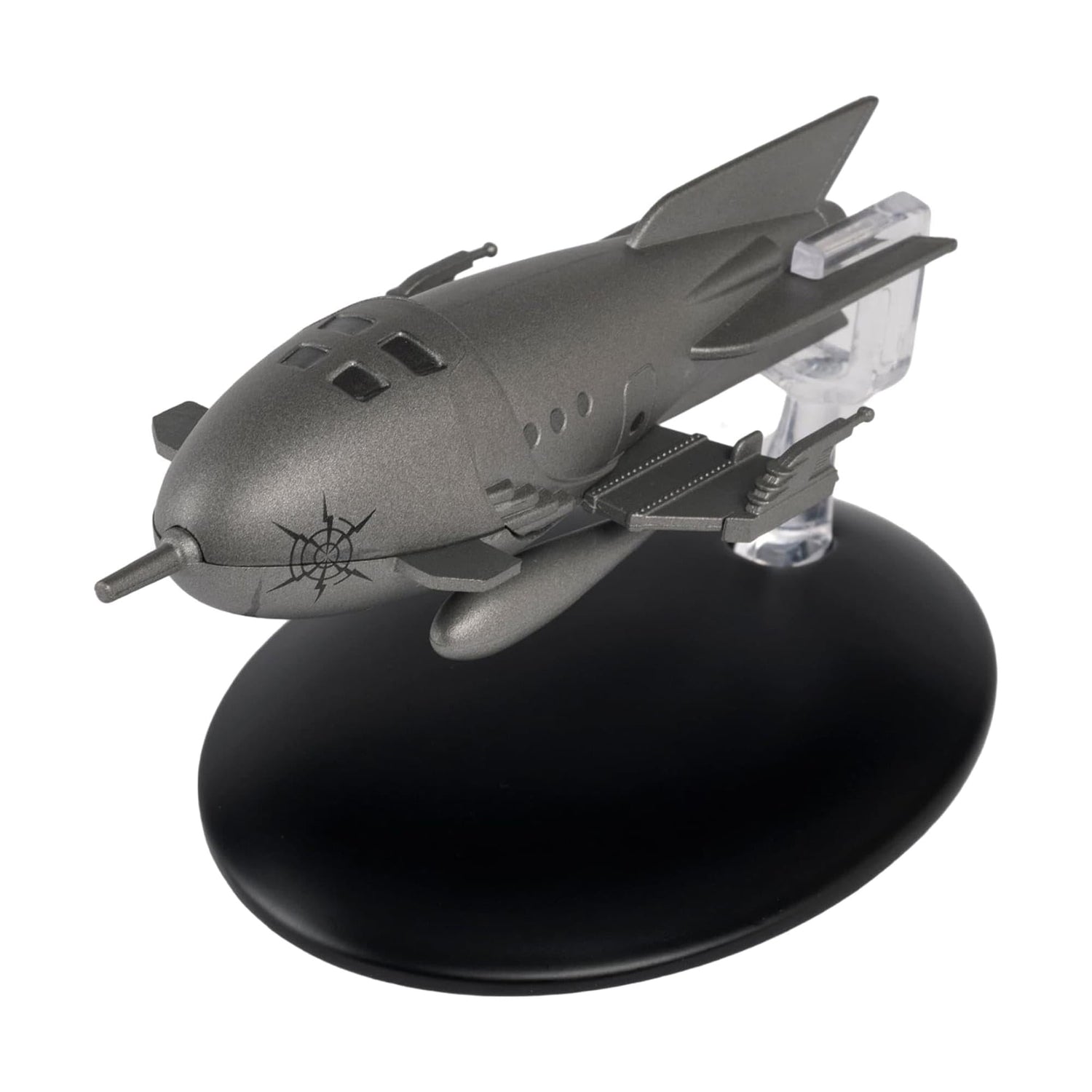 Angled three-quarter view of the Starship replica highlighting the classic pulp sci-fi nosecone and fins