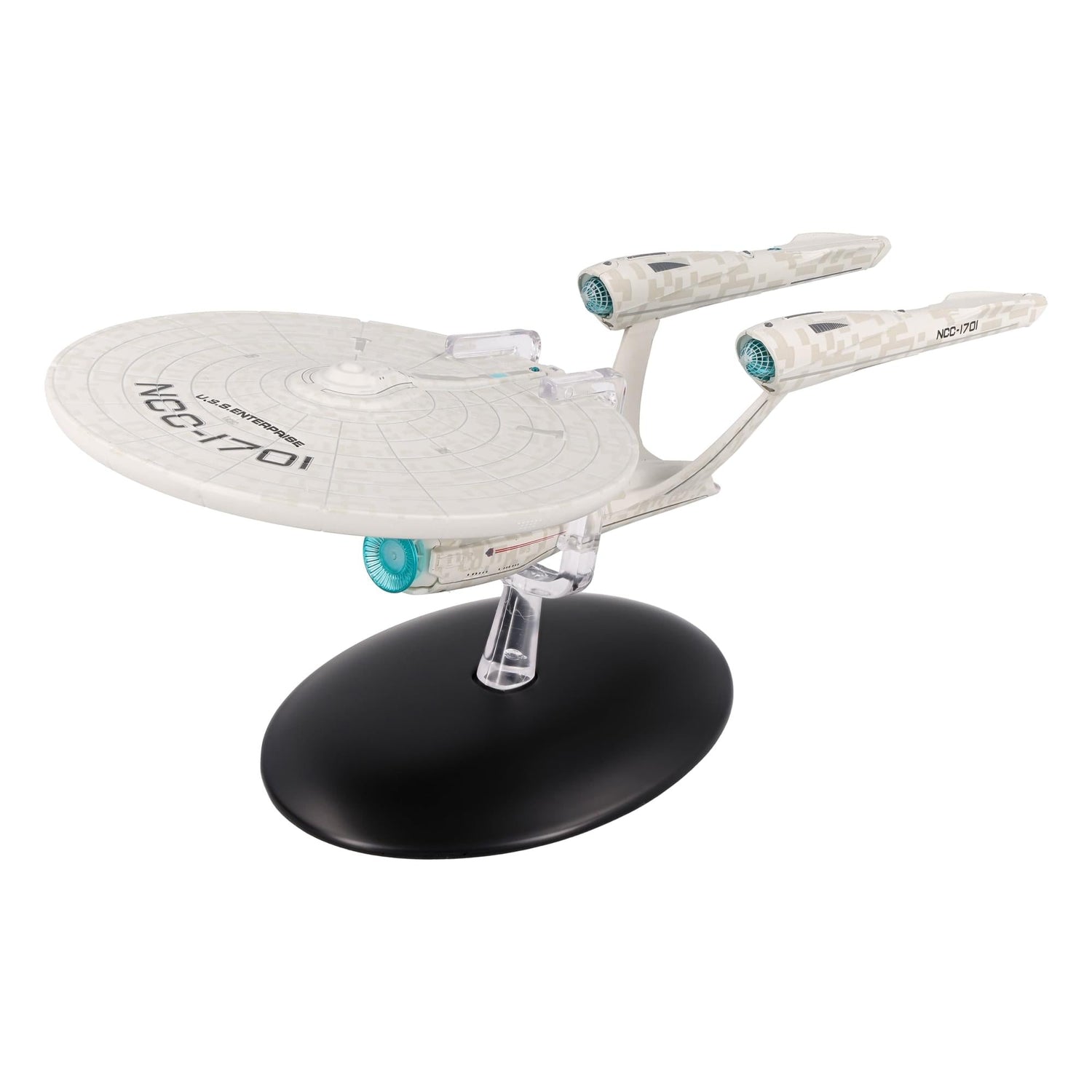 Front three-quarter view of the USS Enterprise starship model resting on a black display stand
