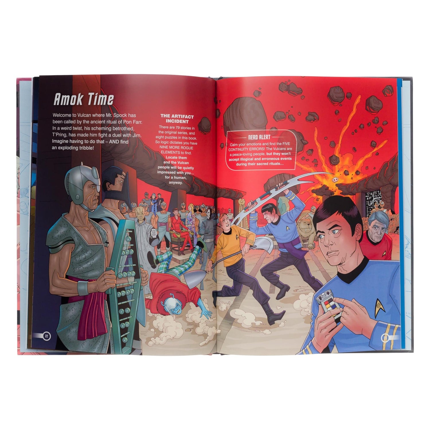 Sample interior page illustration showing a vibrant Star Trek scene filled with hidden tribbles