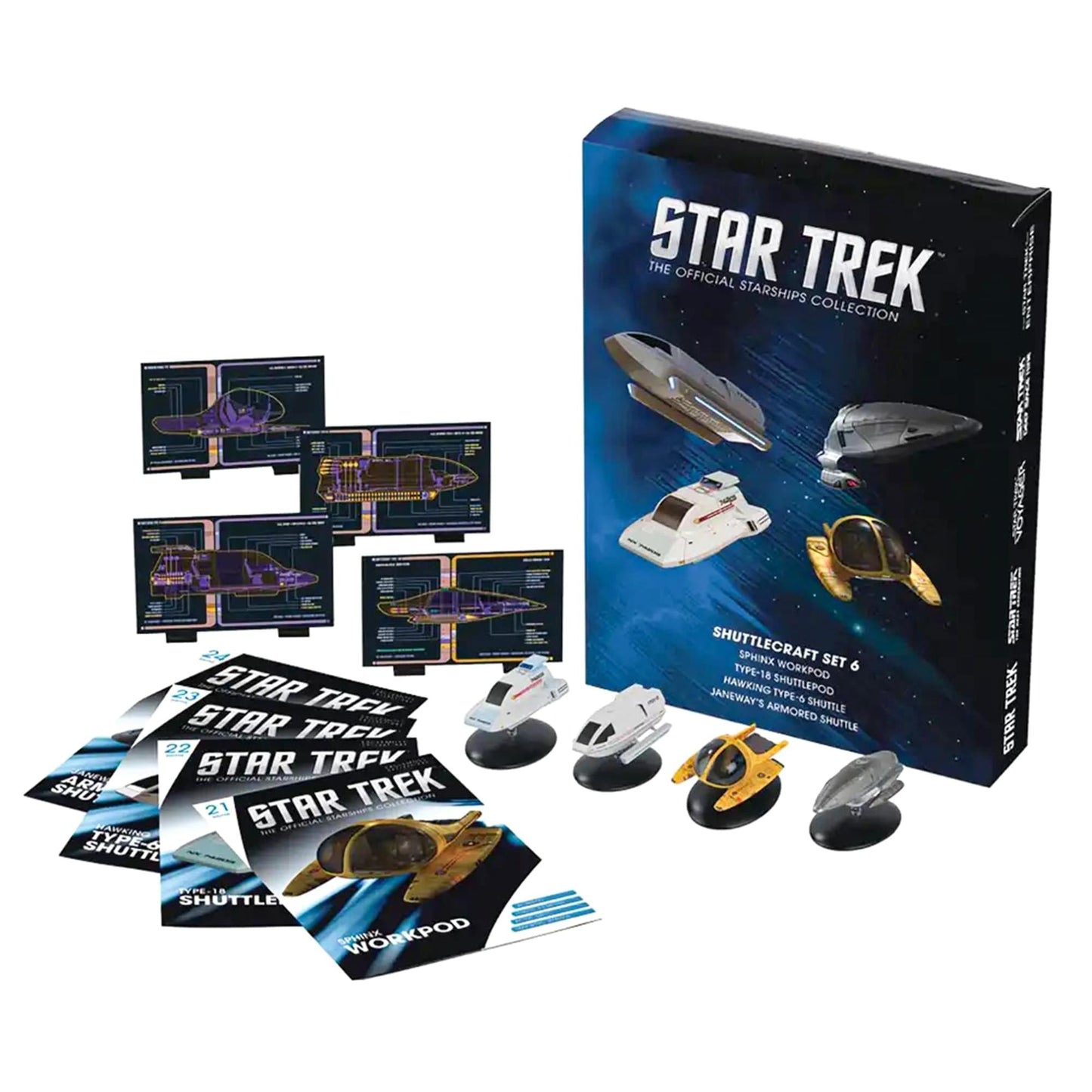 Set of four Star Trek Eaglemoss shuttlecraft models arranged together on a dark surface