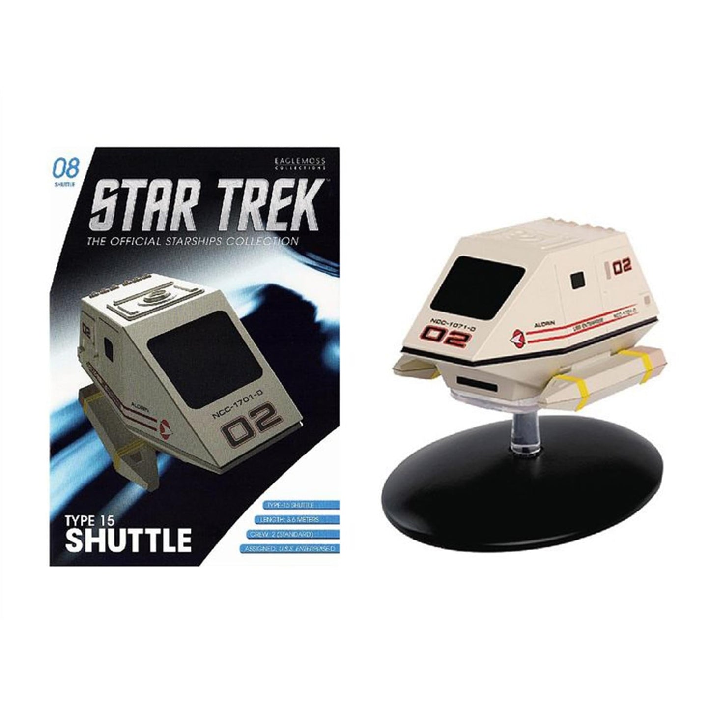Profile view of the U.S.S. Enterprise NCC-1701-D shuttlecraft model highlighting its sleek aerodynamic configuration and hand-painted finish
