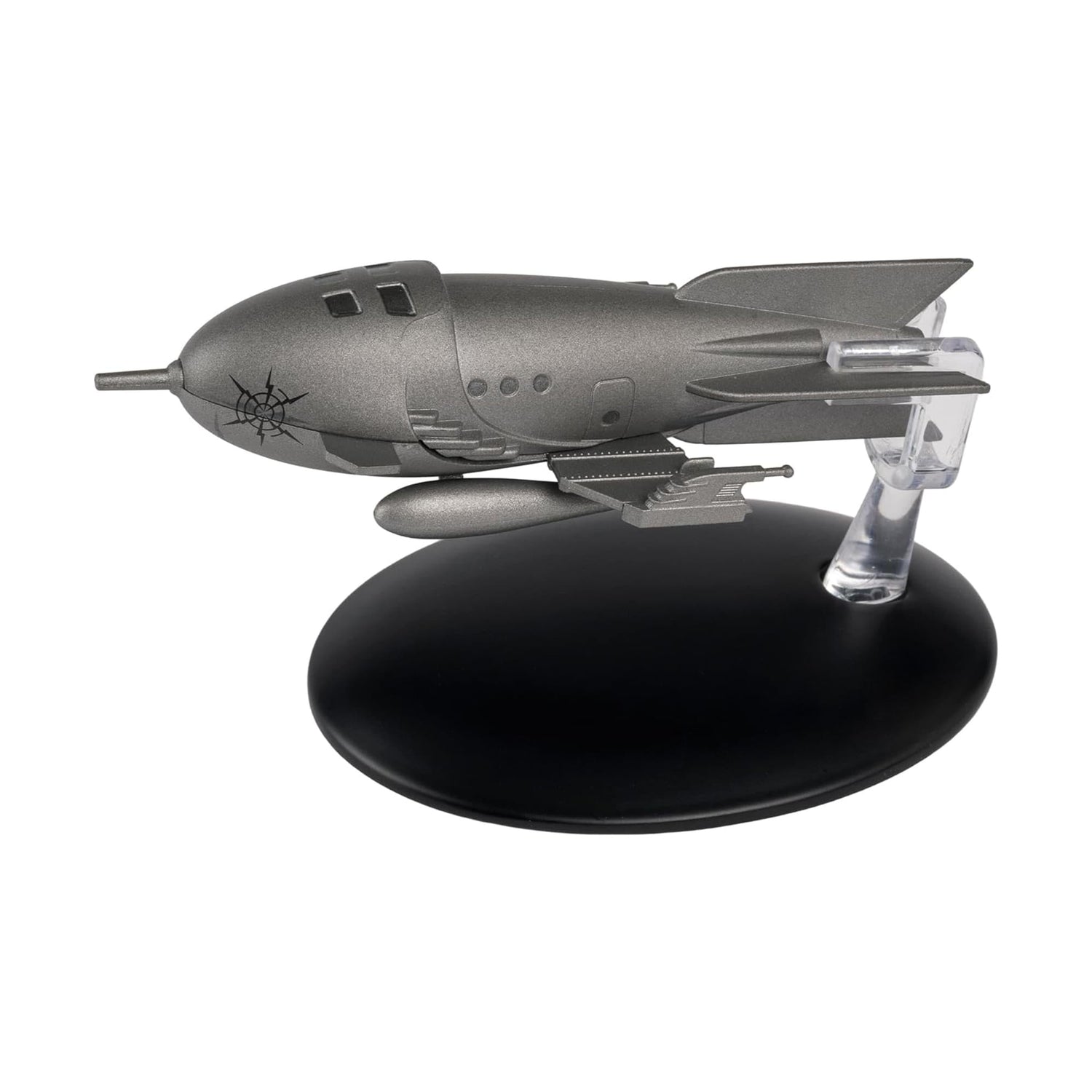 Side profile of the Captain Proton Rocket Ship collectible displaying its sleek metallic fuselage and detailed hand-painted finish