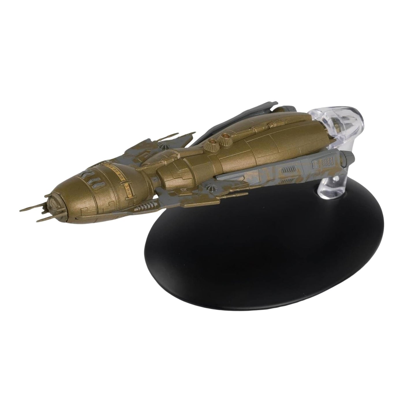 Front three-quarter view of the Hirogen Holoship die-cast model displaying its angular, industrial hull design