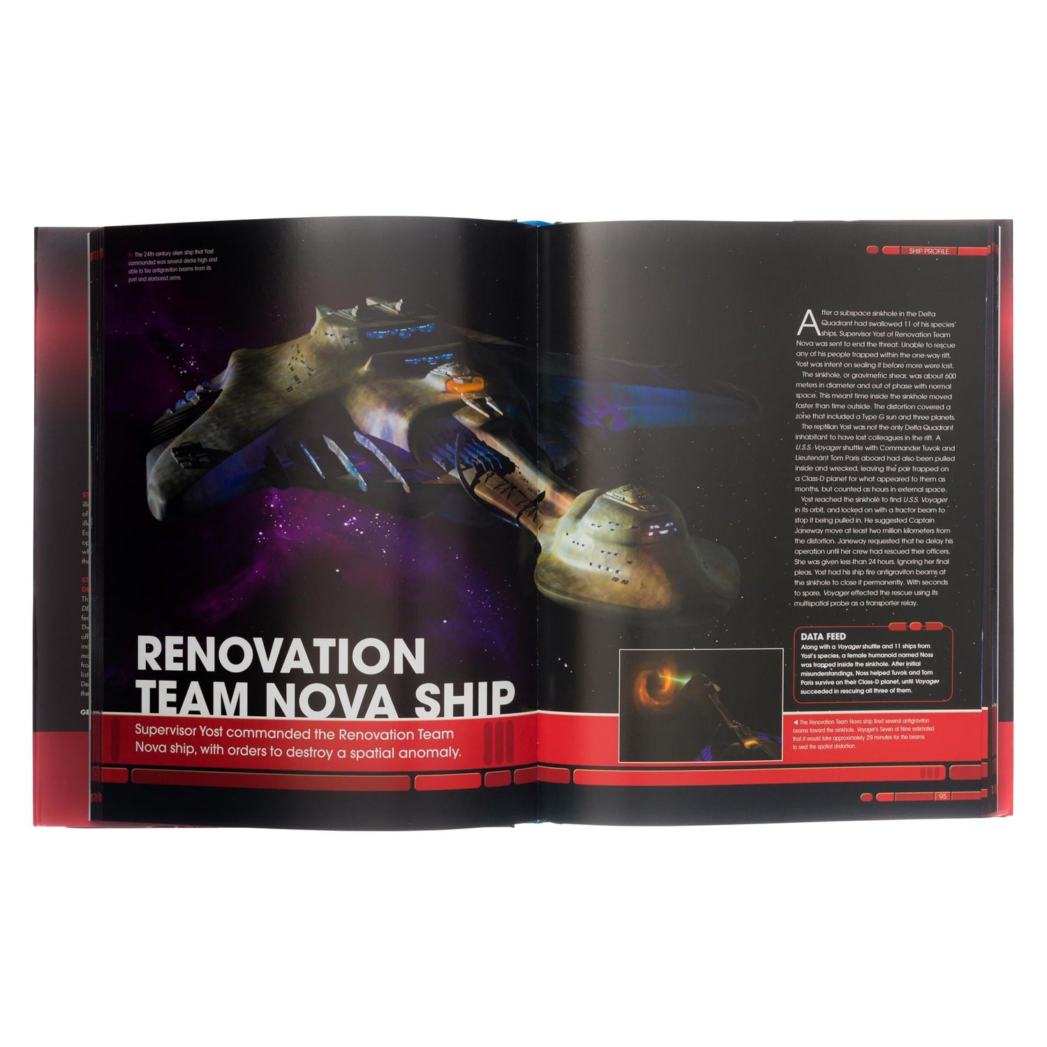 Close-up of an interior page showing technical overviews and CG artwork of a Delta Quadrant starship