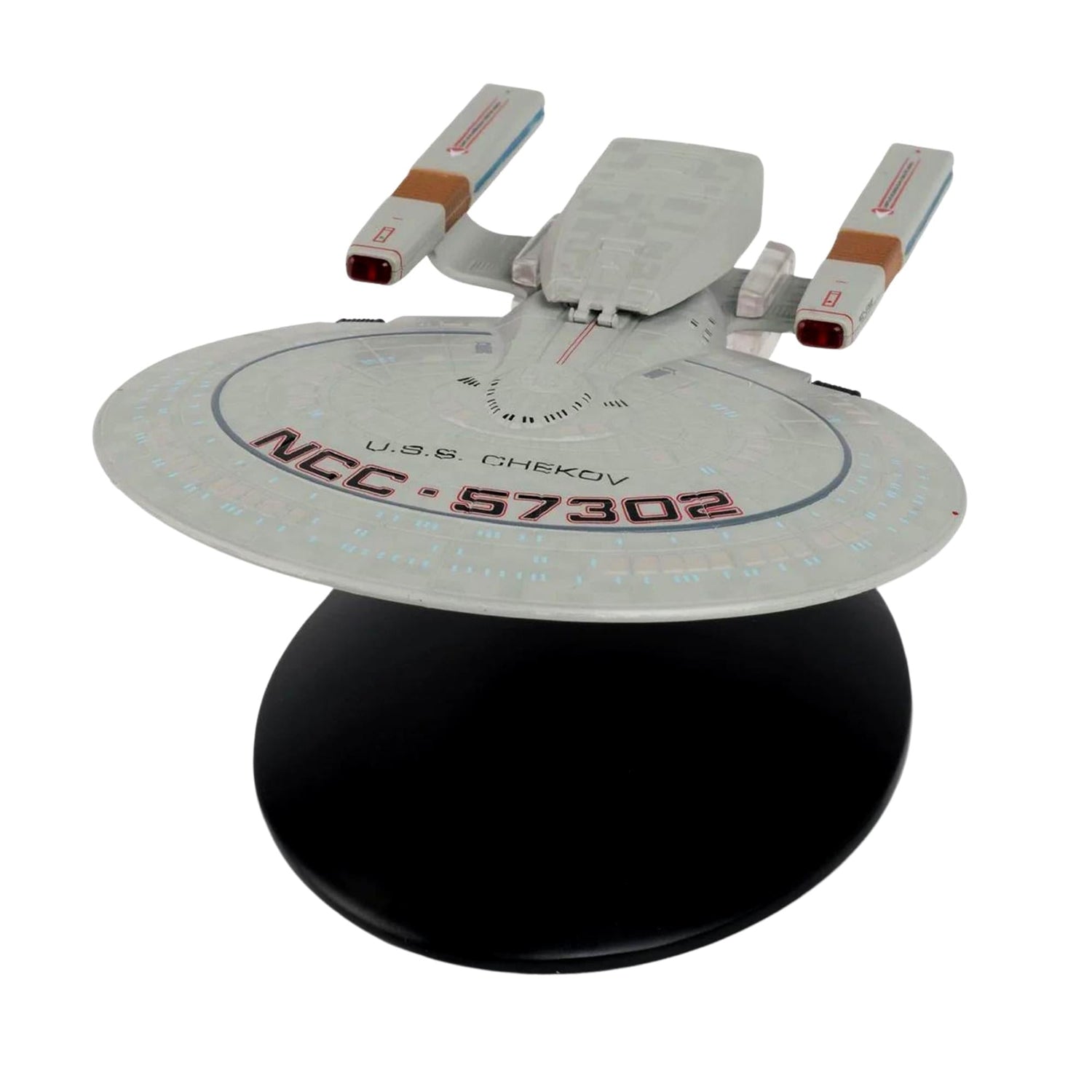 Top-down view of the Springfield class starship model highlighting the intricate panel lines and hand-painted hull details