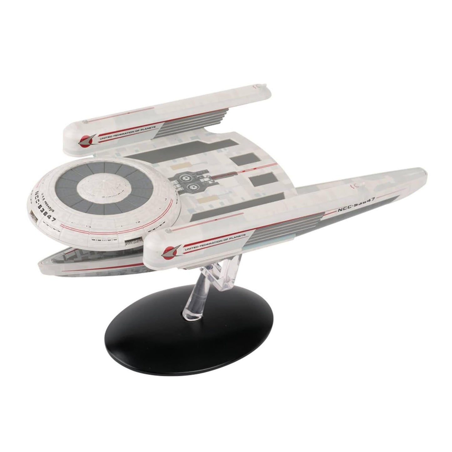 Three-quarter front view of the Eaglemoss U.S.S. Pegasus starship replica showing its Oberth-class hull design and registry markings
