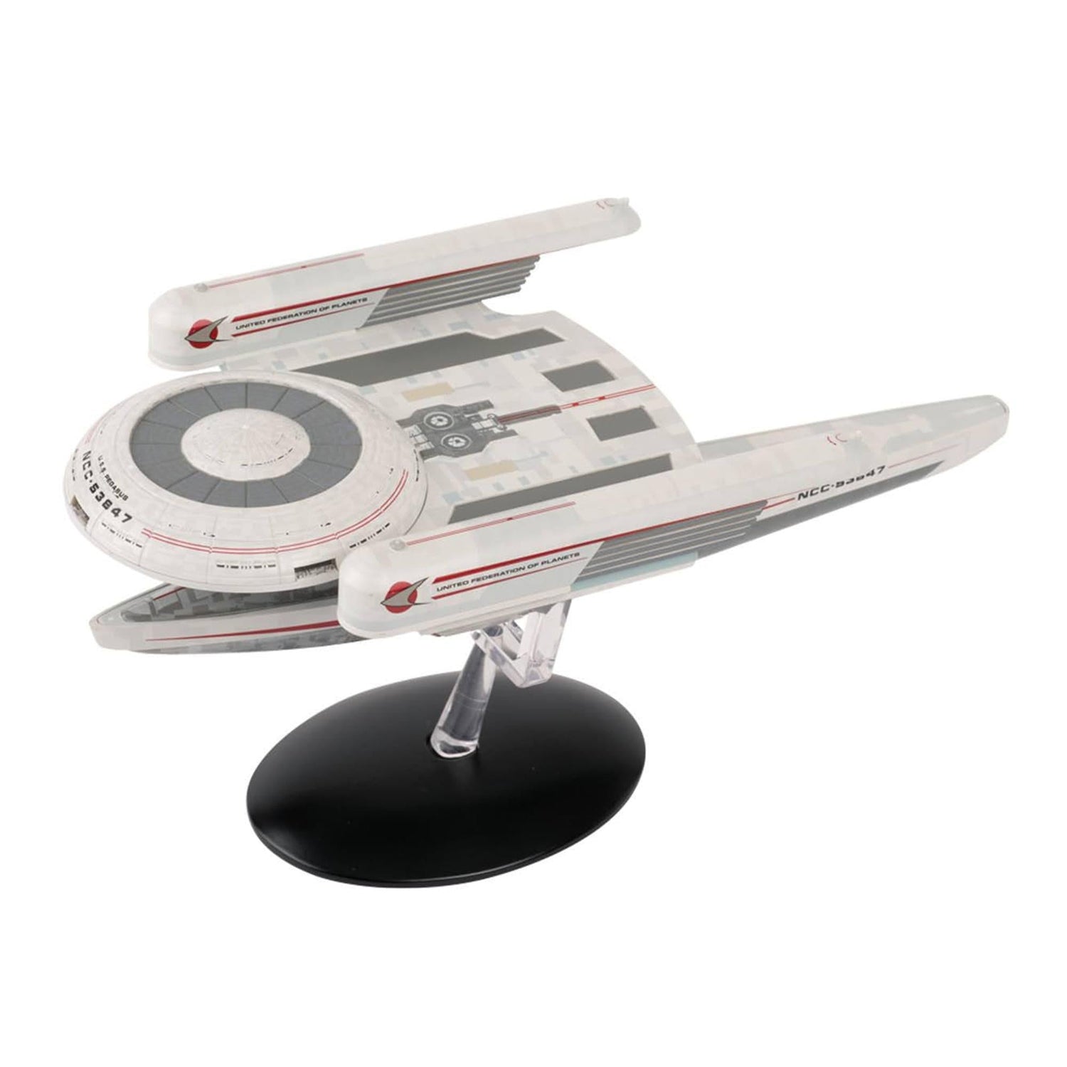 Three-quarter front view of the Eaglemoss U.S.S. Pegasus starship replica showing its Oberth-class hull design and registry markings