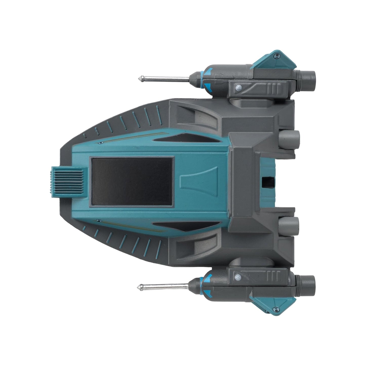 Angled bottom view of the die-cast starship replica, showing the mounting attachment point and hull plating