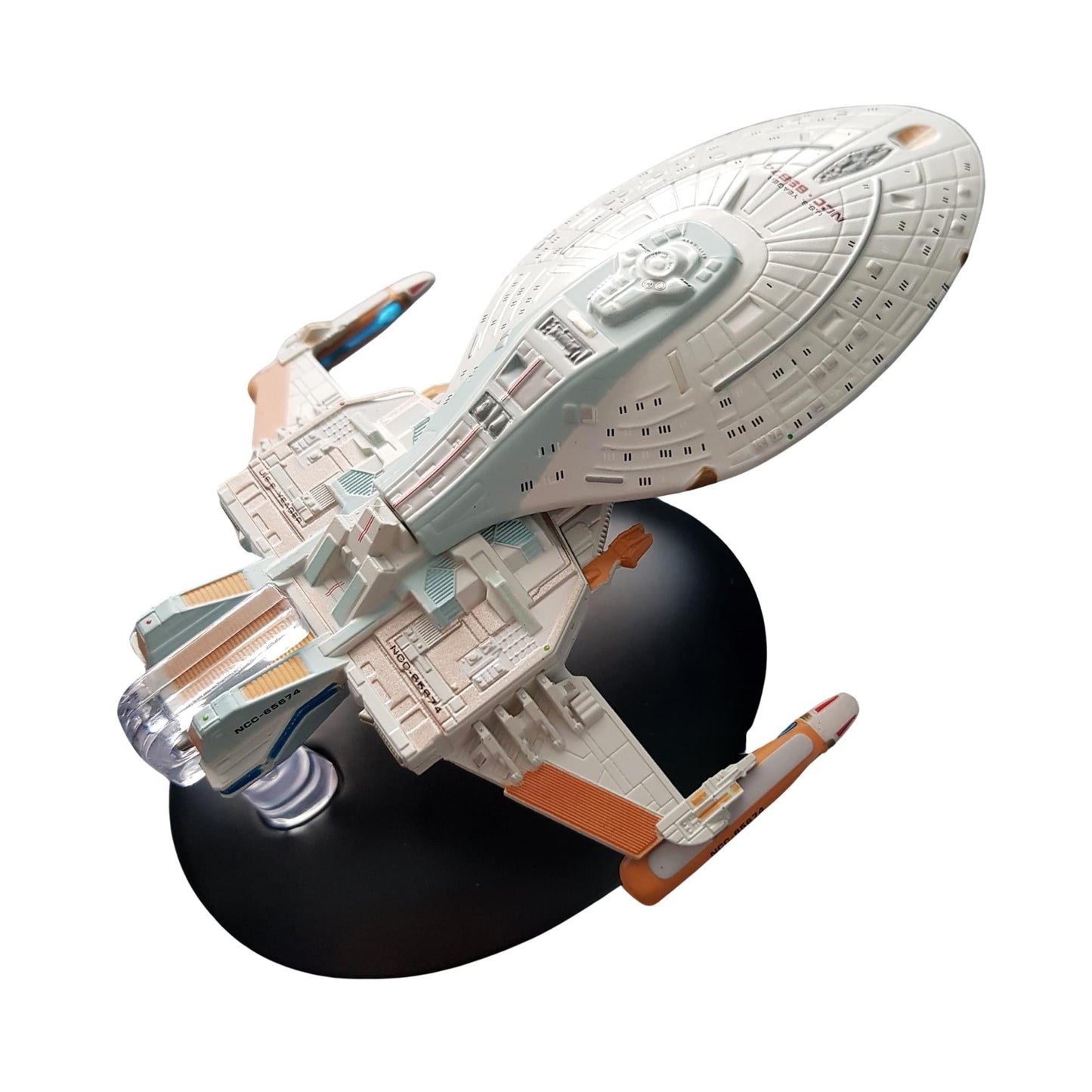 Top-down view highlighting the hull plating and registry details of the USS Yaeger model
