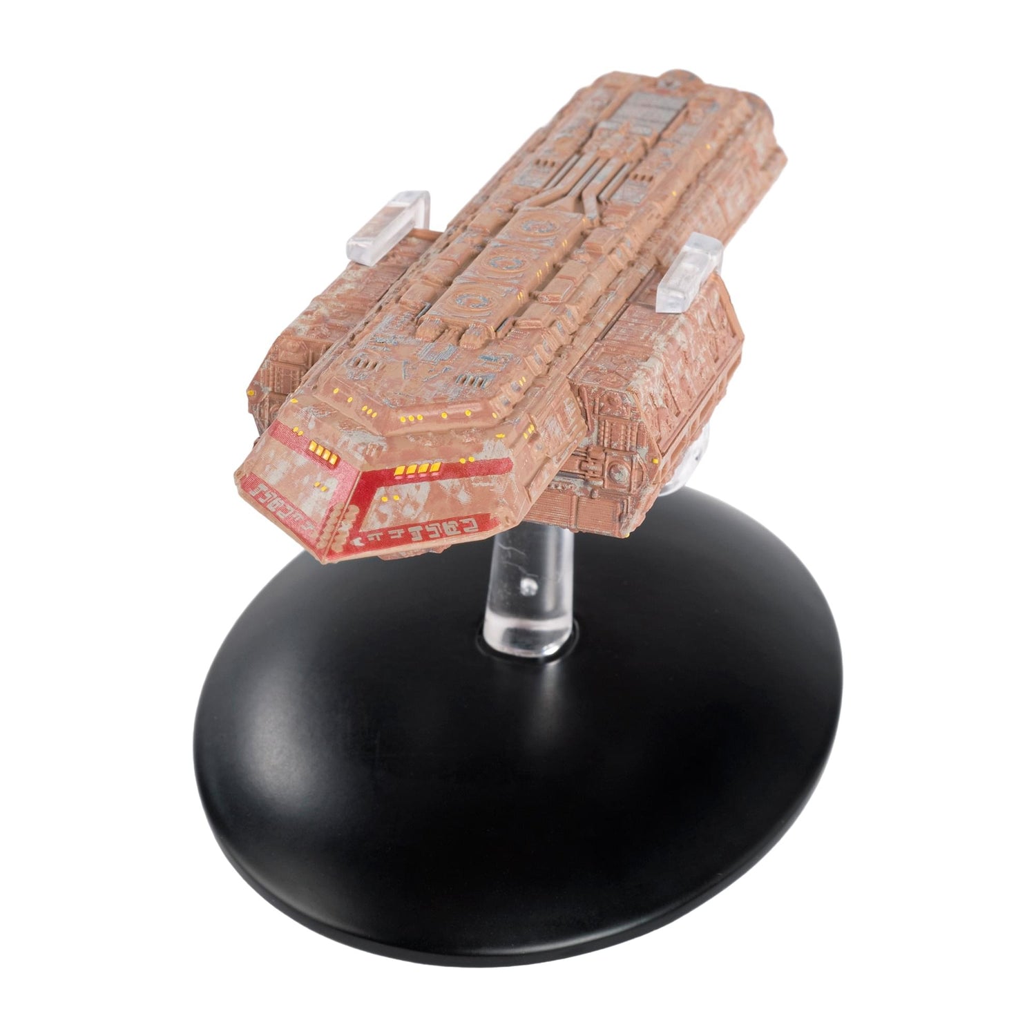 Rear view of The Batris starship showing engine exhaust assemblies and structural plating