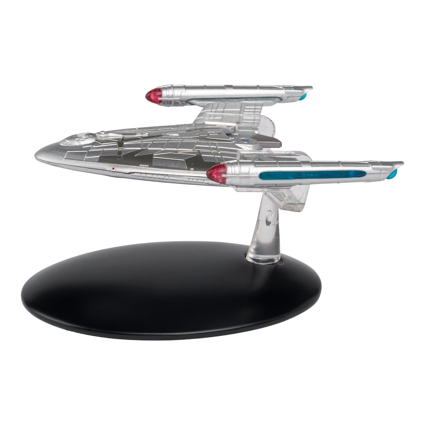 Detailed close-up of the hull plating and specialized markings on the starship model