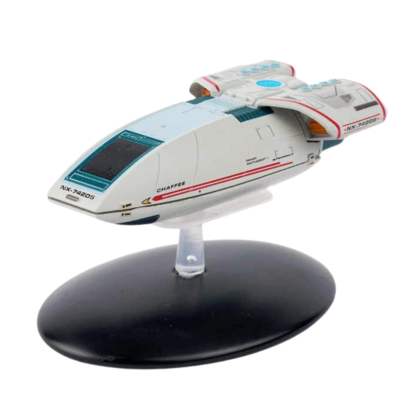Three-quarter angle view of the Star Trek Shuttlecraft Type 10 Chaffee die-cast model, showing its sleek hull and registry markings