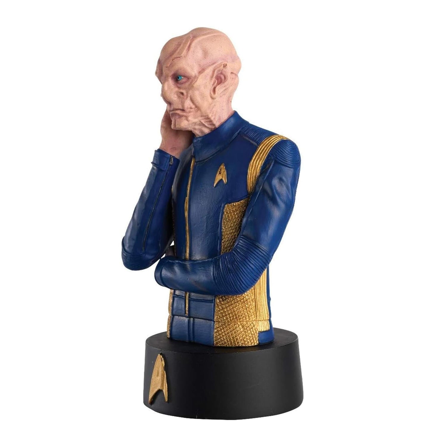Close-up of Commander Saru's head sculpt detailing the hand-painted Kelpien patterning and threat ganglia behind his ears