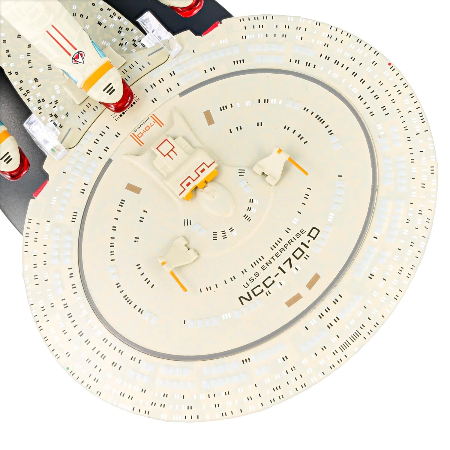 Angled action shot of the USS Enterprise Dreadnought model showcasing its complete silhouette on display