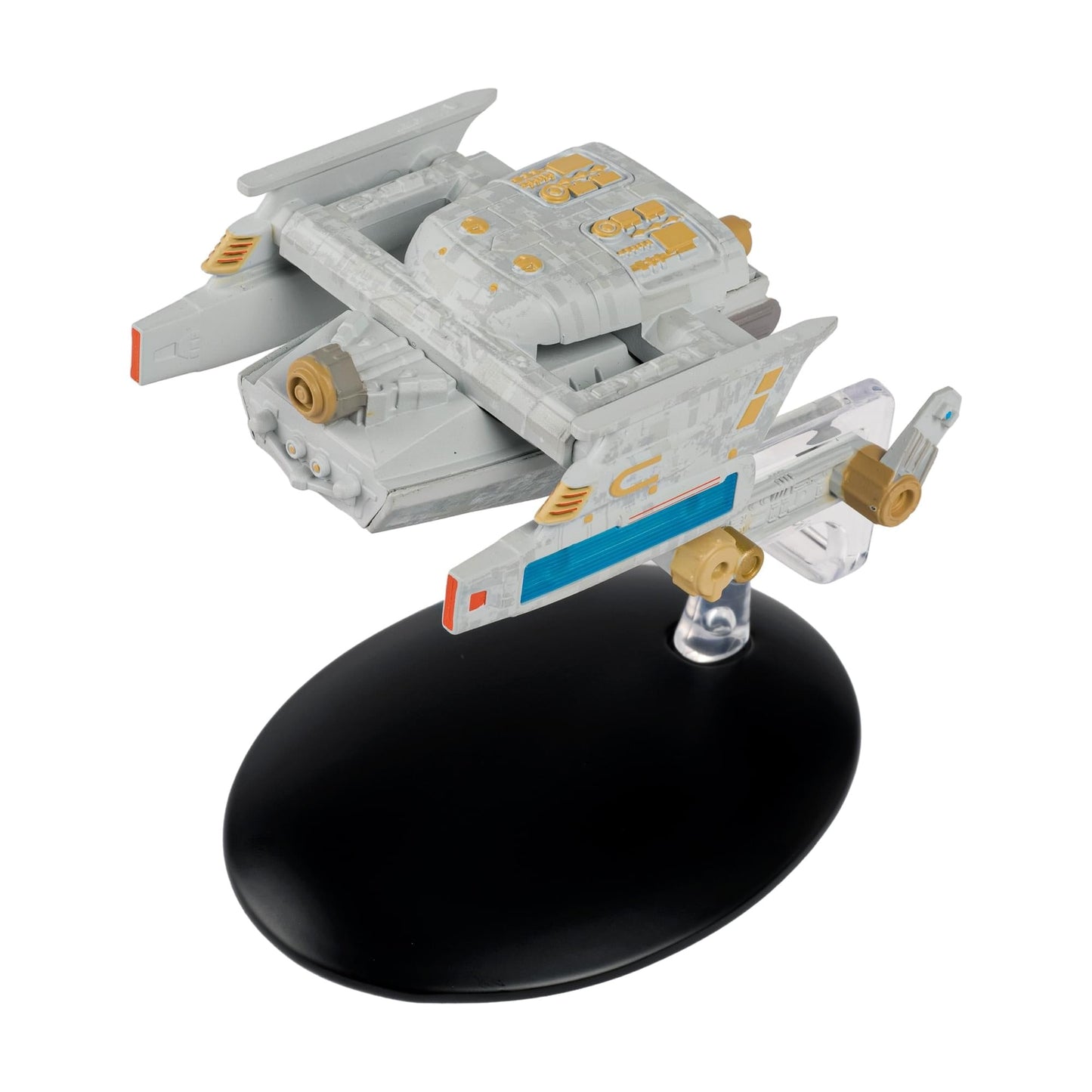 Angle view of the Star Trek Federation Tug die-cast starship model resting on a dark display base