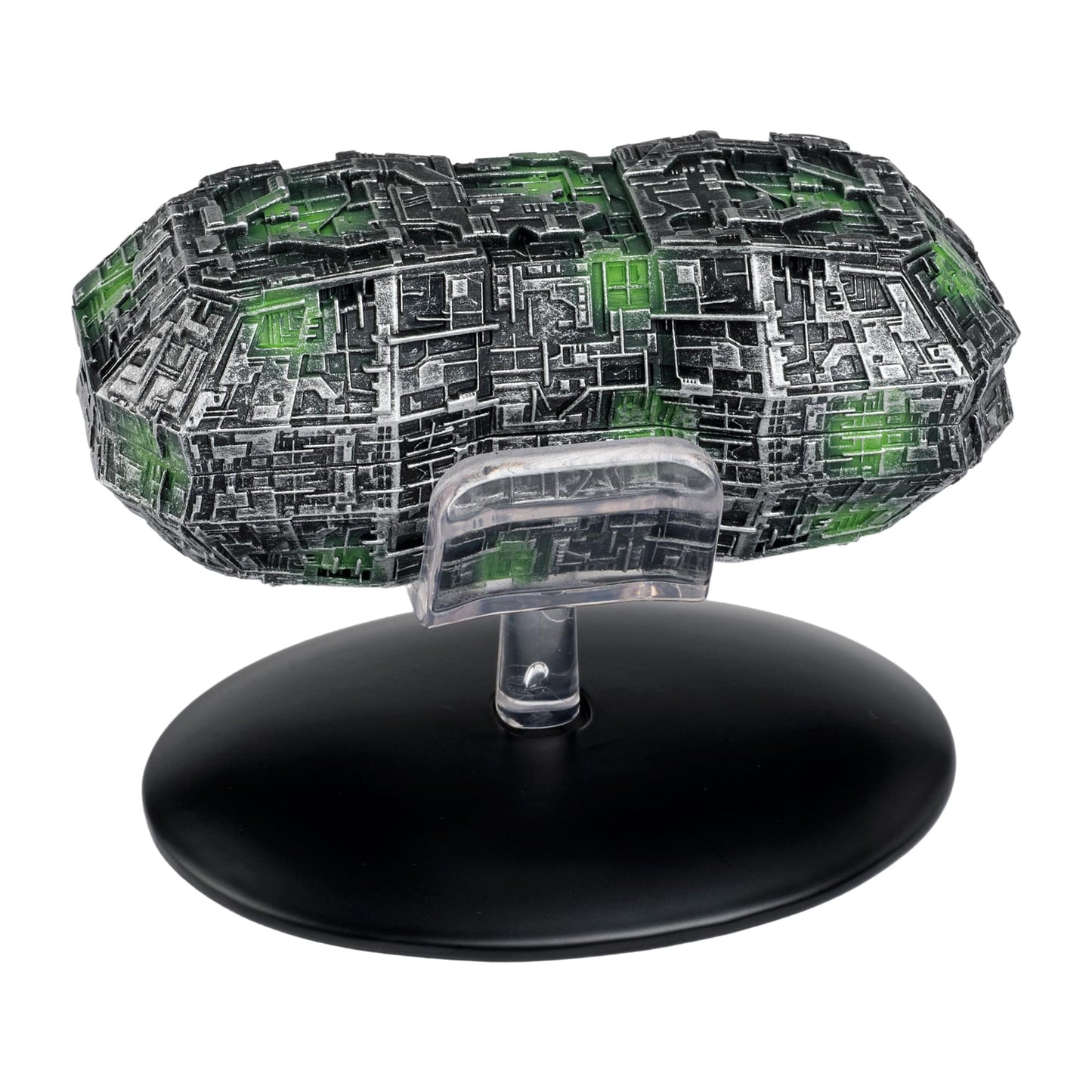 Close-up detail shot of the hand-painted metallic finish and surface paneling on the Borg Probe hull