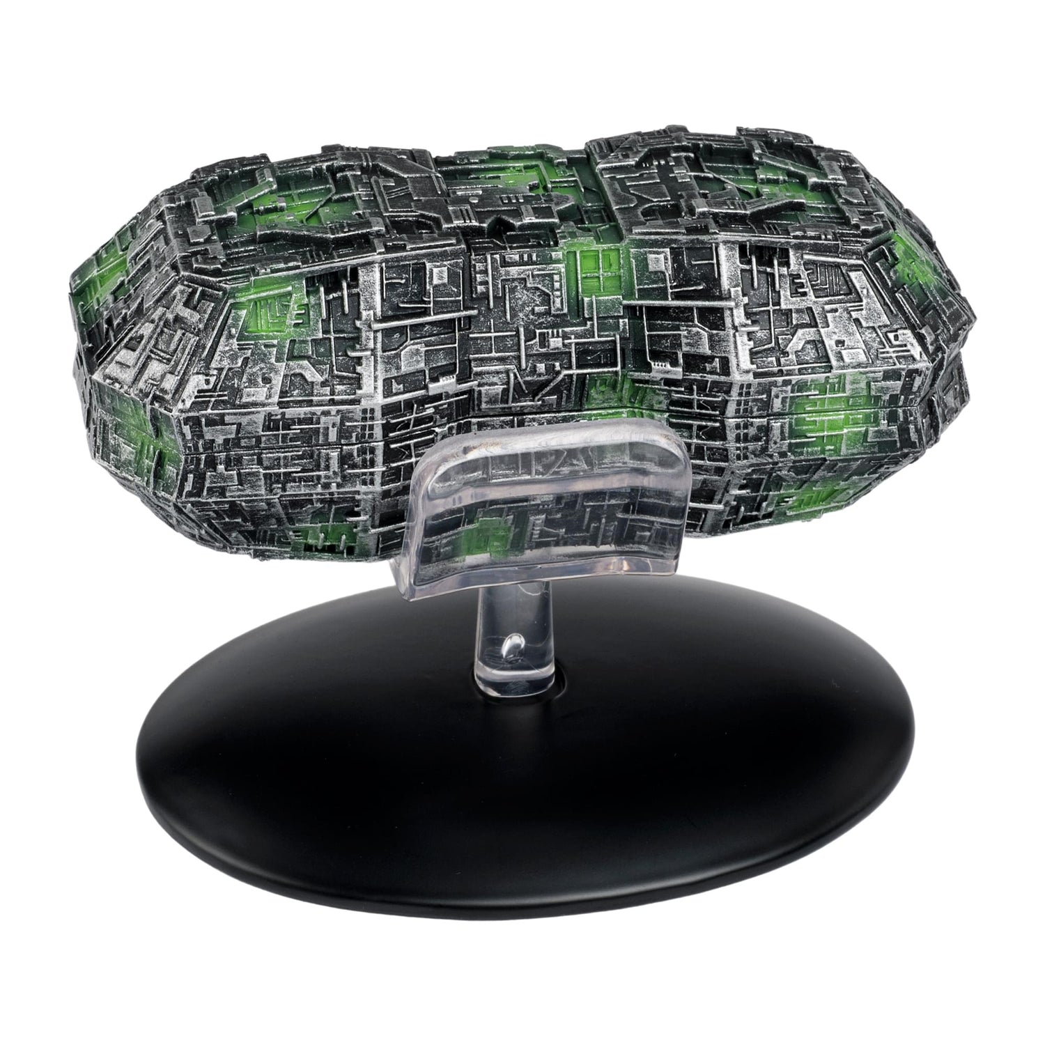 Close-up detail shot of the hand-painted metallic finish and surface paneling on the Borg Probe hull