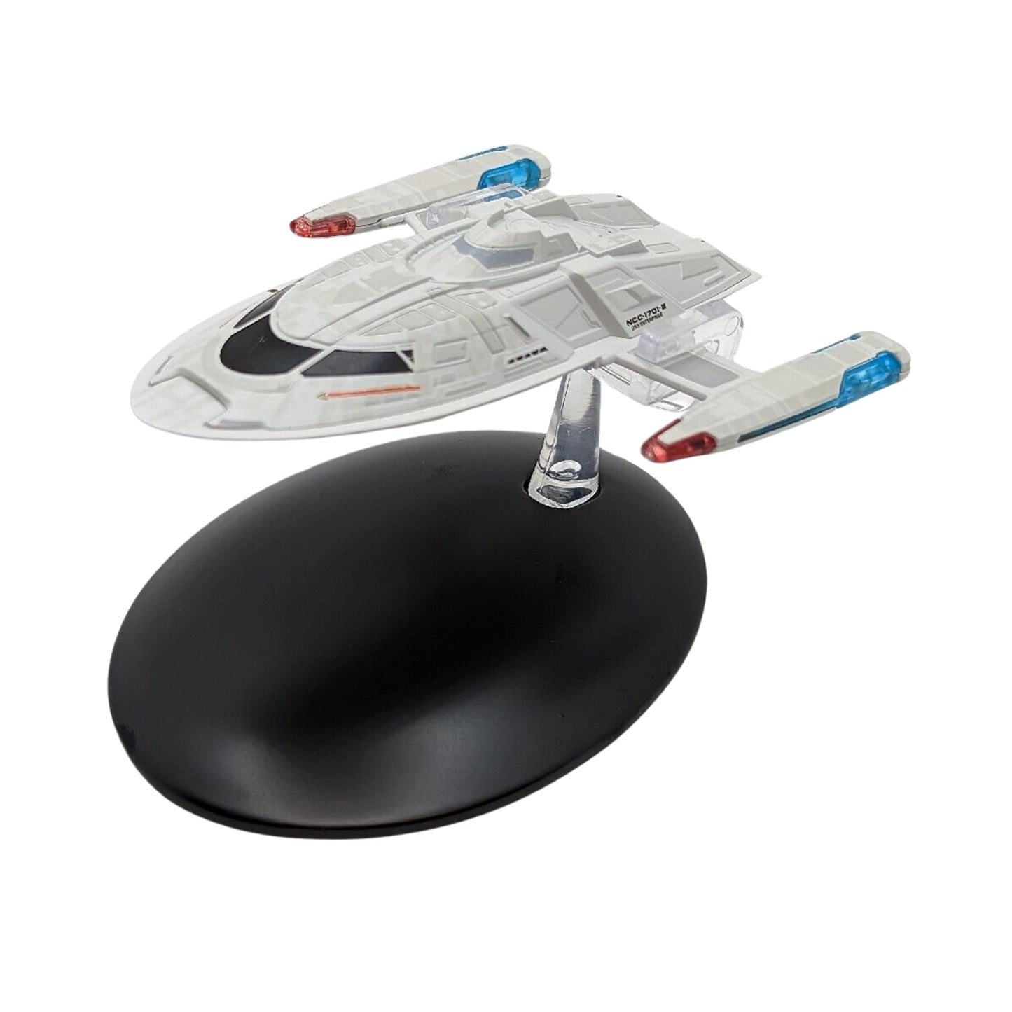 Rear profile view of the starship model displaying impulse engine detailing and clean metallic finishes