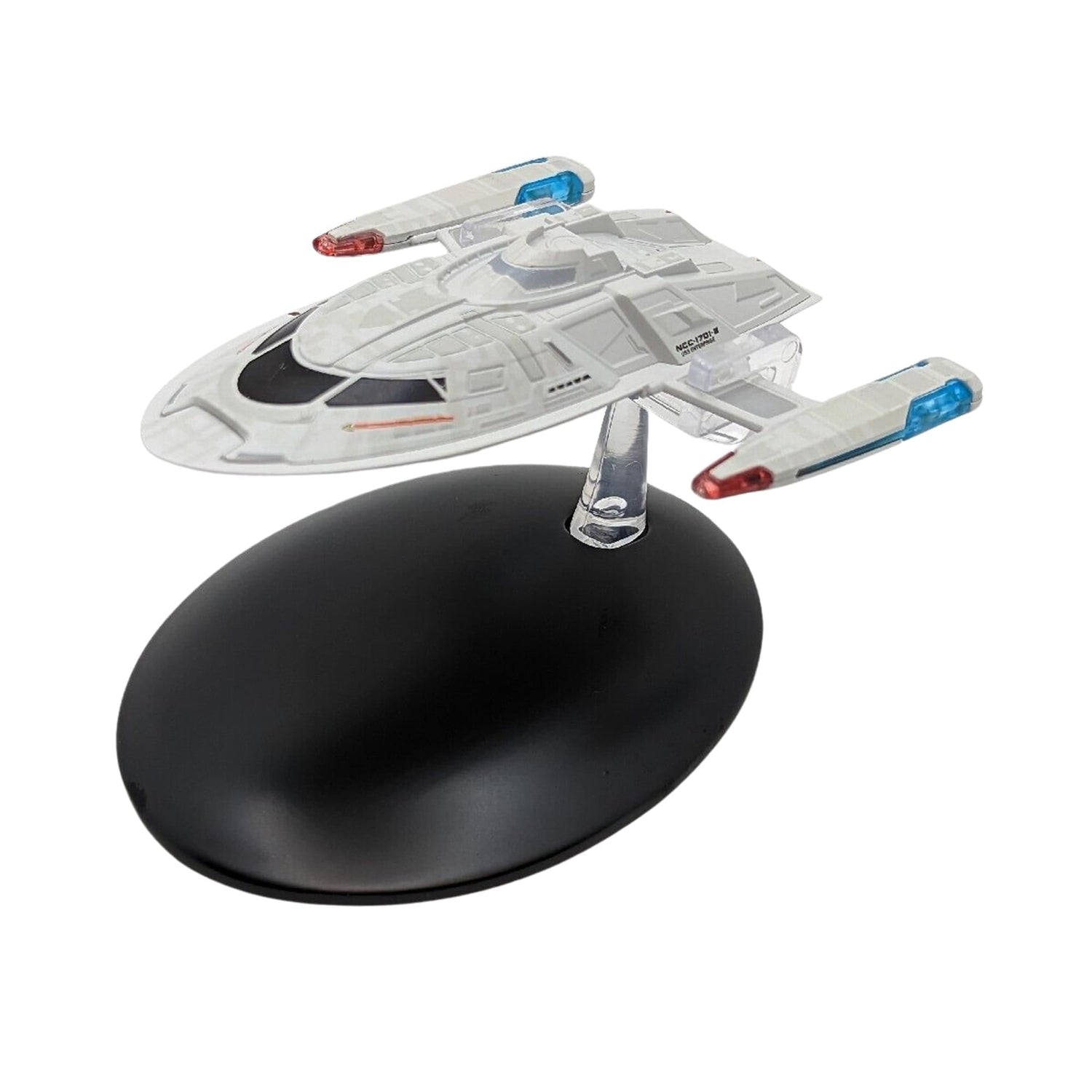 Rear profile view of the starship model displaying impulse engine detailing and clean metallic finishes