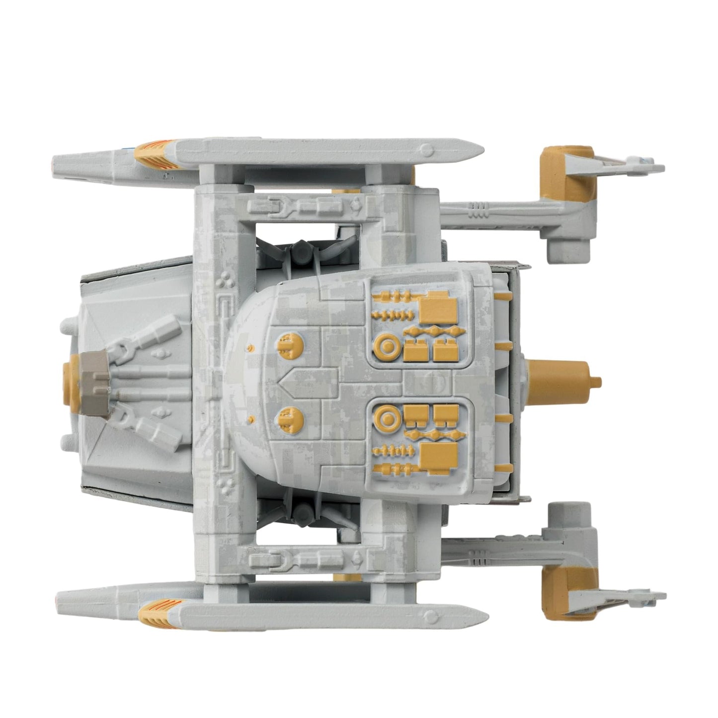 Angled front perspective view emphasizing the deflector dish and forward registry details