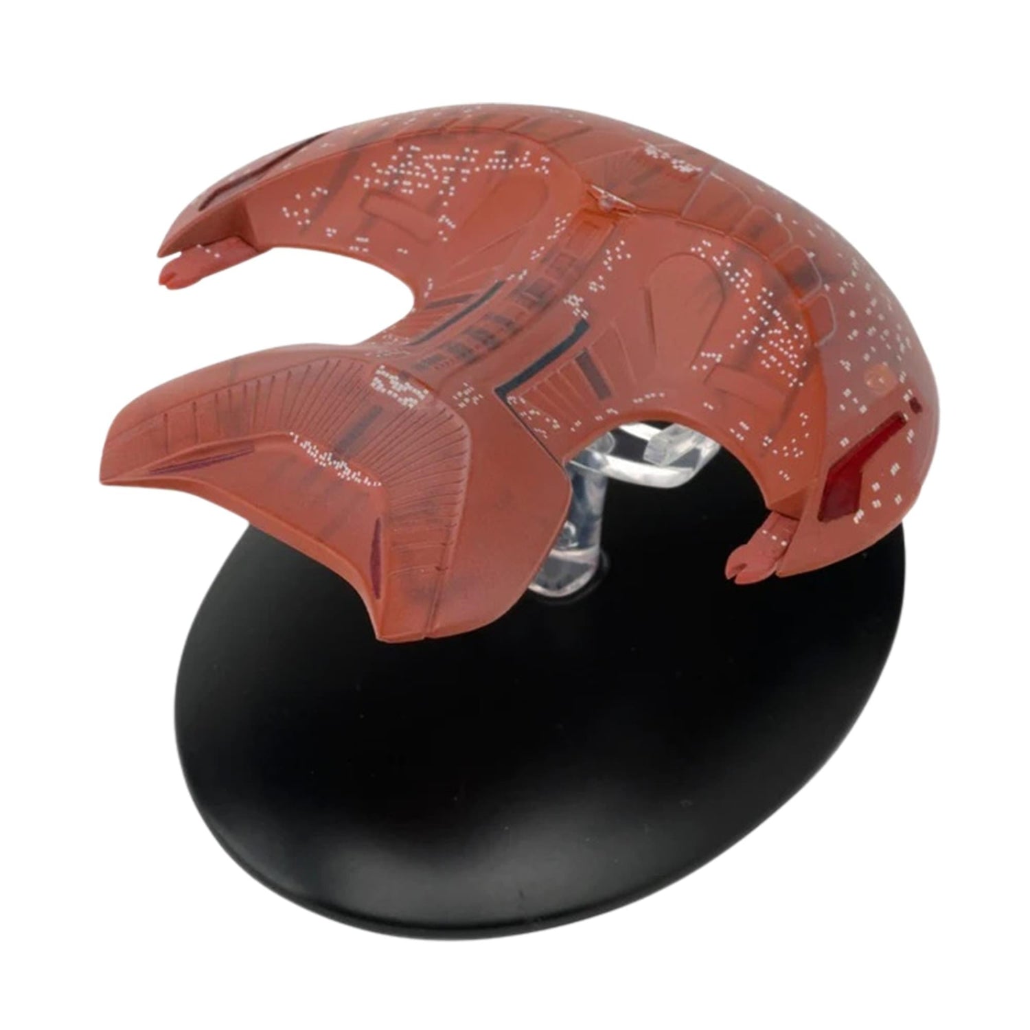 Front three-quarter view of the Ferengi Marauder starship replica displaying its distinctive asymmetrical hull design and metallic finish