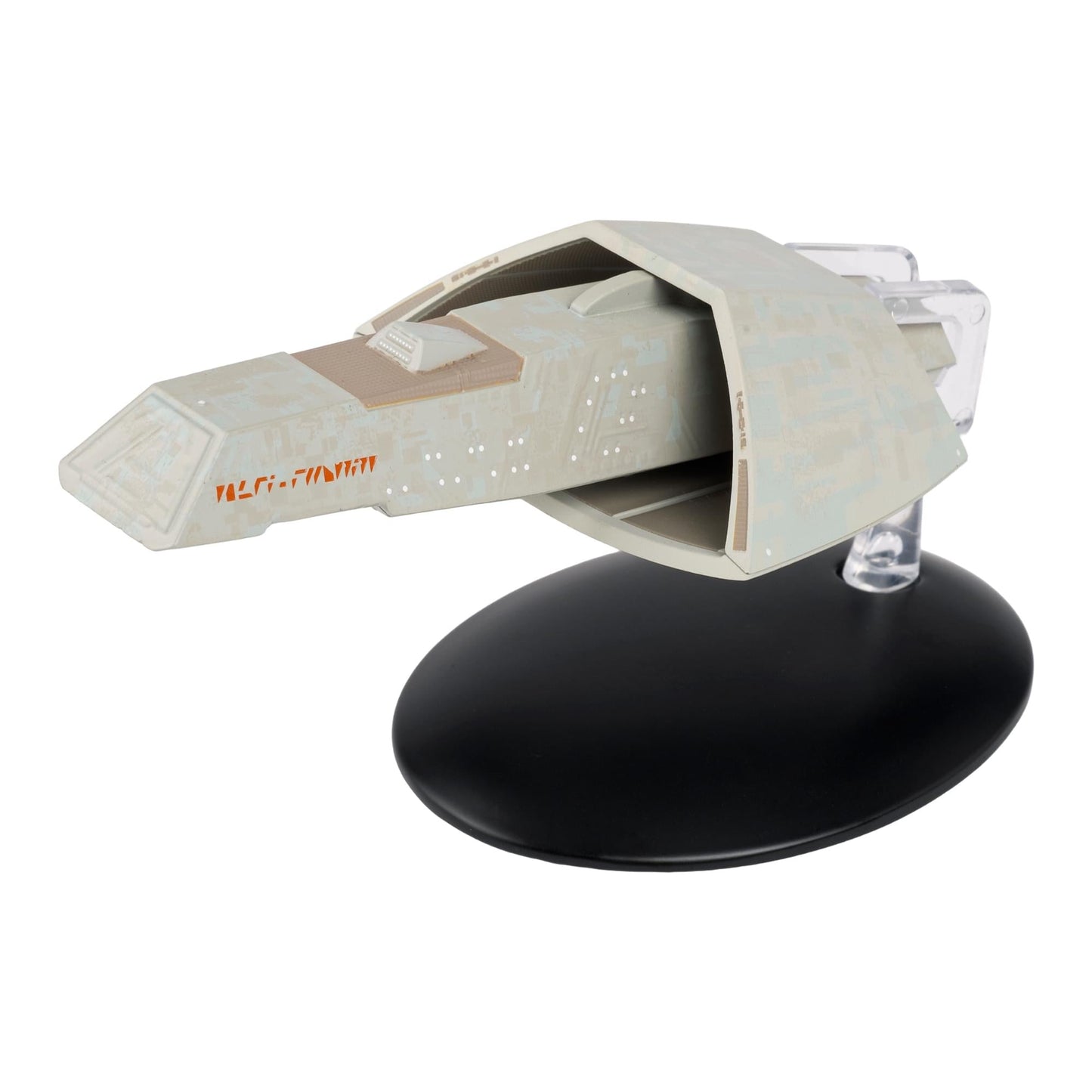 Three-quarter angle view of the Star Trek Vulcan Apollo starship replica showing its detailed hull and warp nacelles