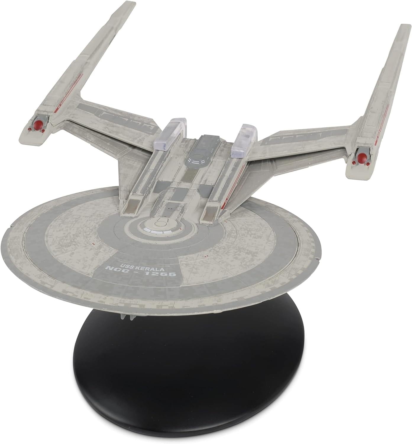Port-side profile view of the USS Kerala NCC-1255 die-cast starship replica showing its hull plating and registry markings