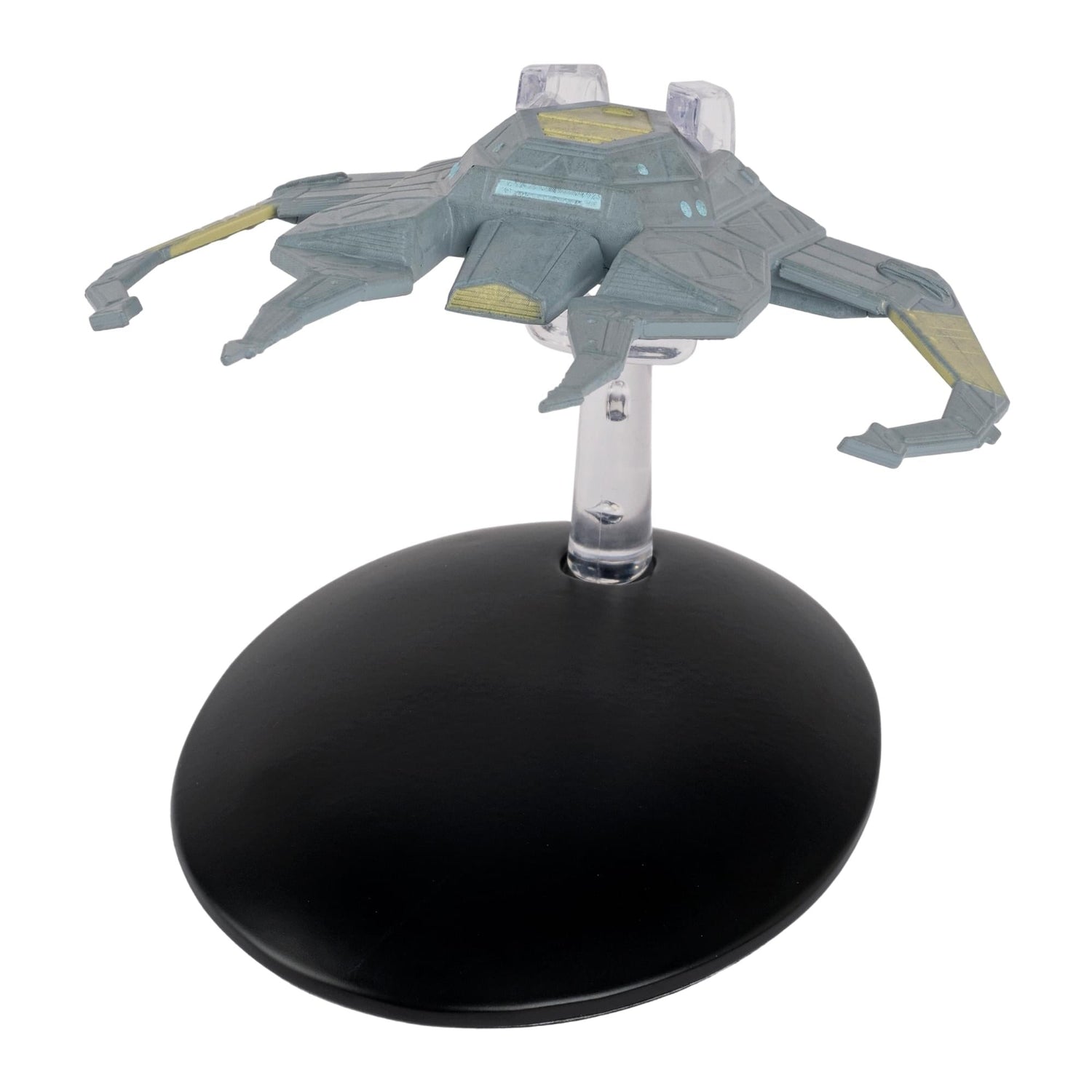 Side profile of the die-cast Miradorn Raider model displaying its sleek warp nacelles and paneling
