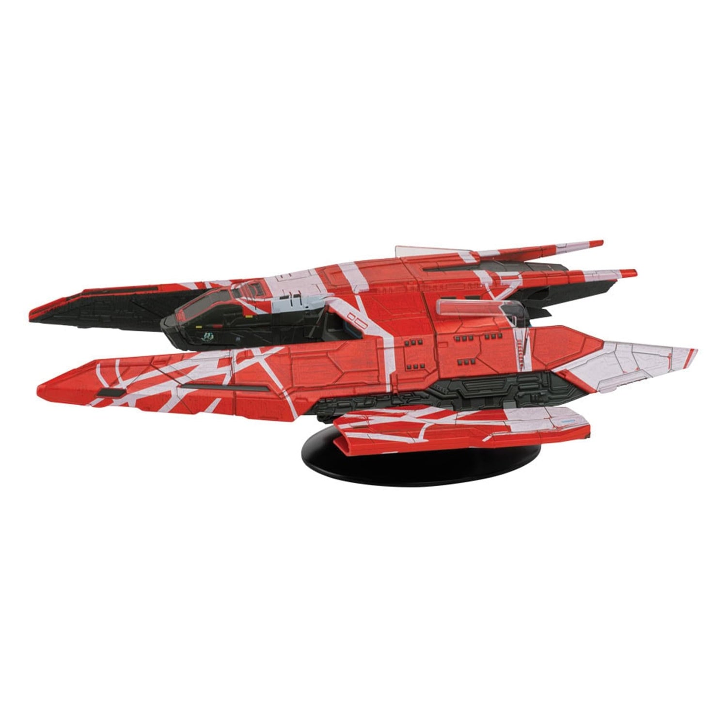 Front three-quarter view of the Eaglemoss La Sirena starship replica resting on a branded Star Trek display base