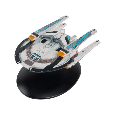 Front quarter view of the U.S.S. Europa NCC-97640 die-cast starship model mounted on a black stand