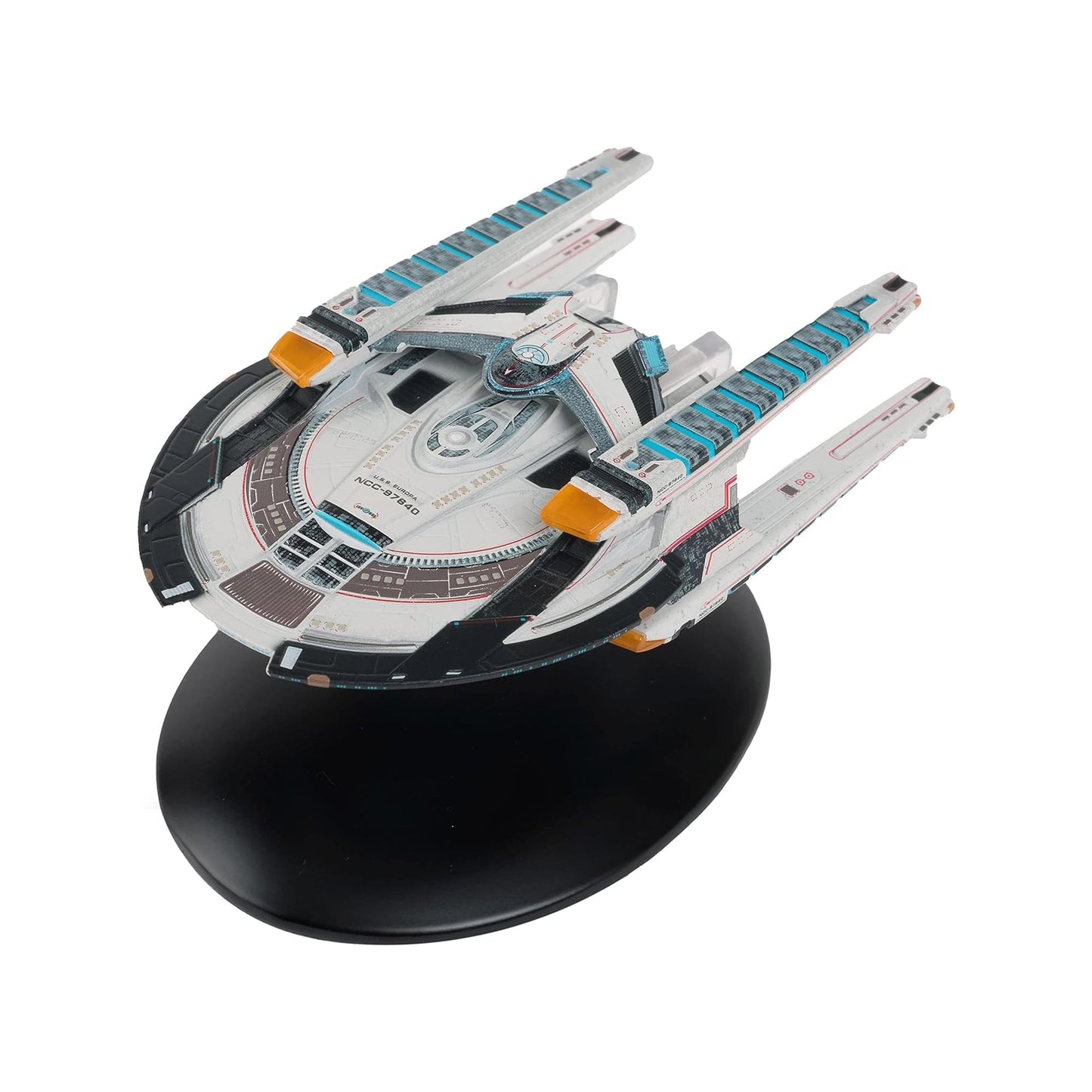 Front quarter view of the U.S.S. Europa NCC-97640 die-cast starship model mounted on a black stand