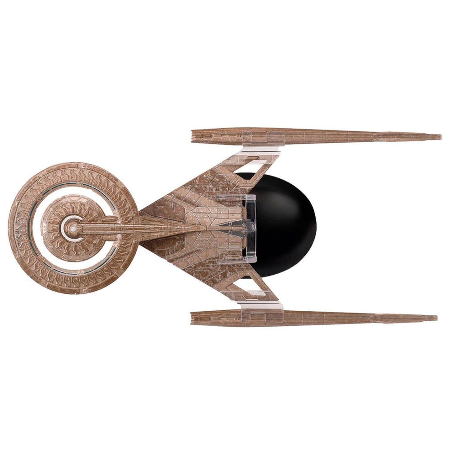 Rear view of the USS Discovery showing impulse engines and detailed metallic hull plating