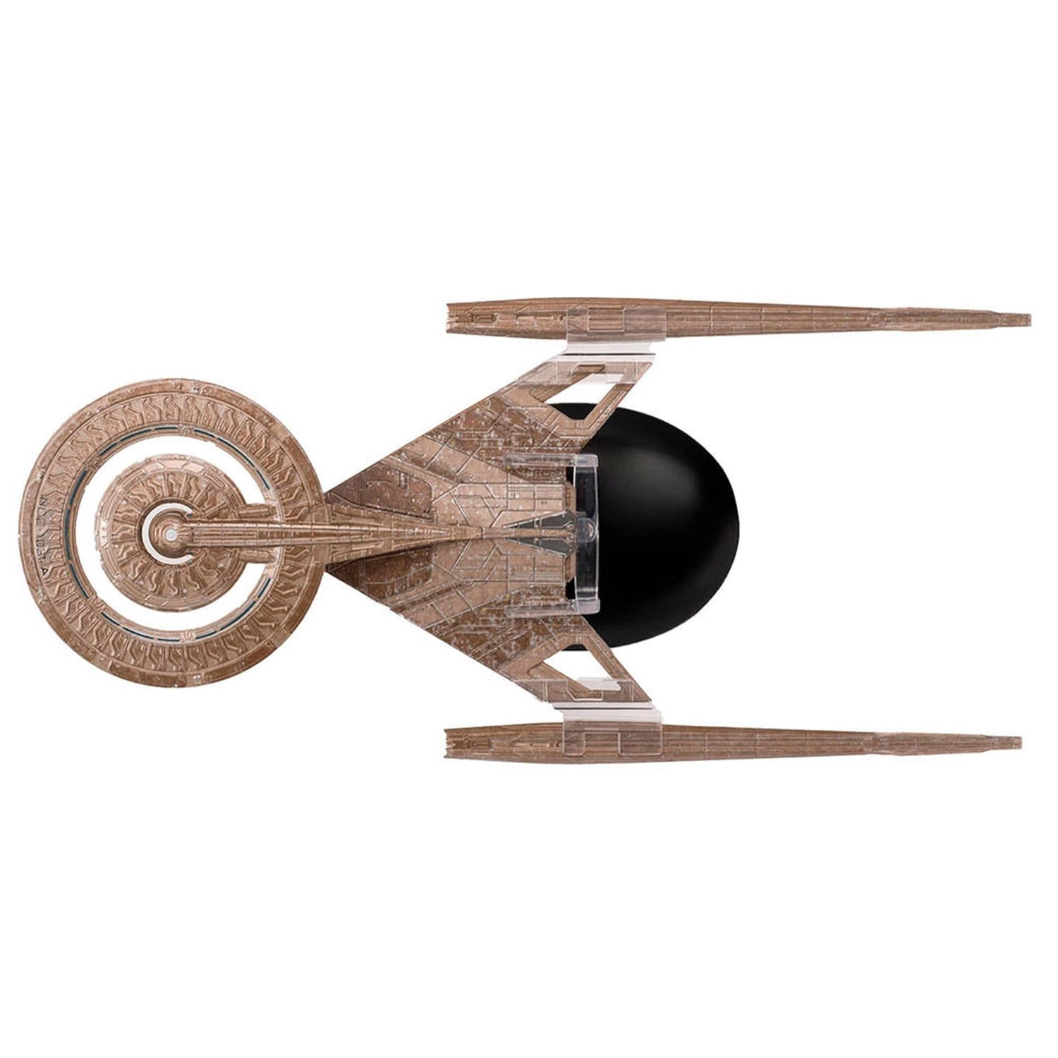 Rear view of the USS Discovery showing impulse engines and detailed metallic hull plating