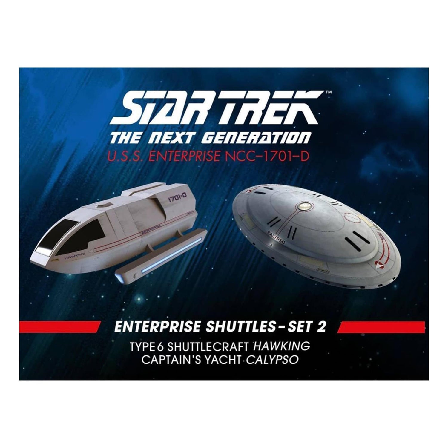 Profile side view highlighting the sleek hull lines and hand-painted Starfleet livery of the Calypso model