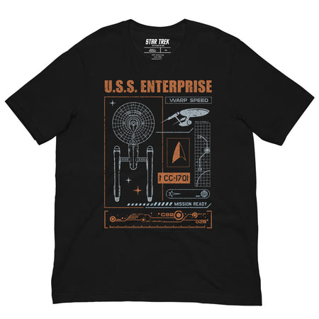 Front view of Star Trek U.S.S. Enterprise Mission Ready t-shirt in black displaying official starship graphics