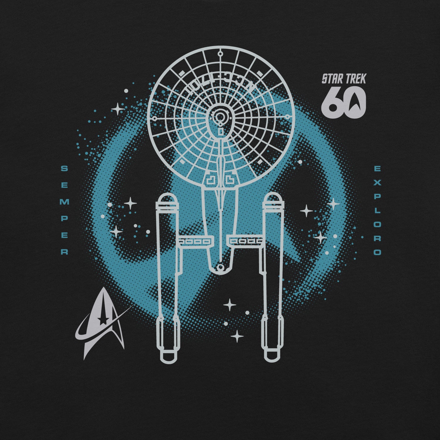 Close-up view of the 60th Anniversary U.S.S. Enterprise graphic artwork printed on the t-shirt