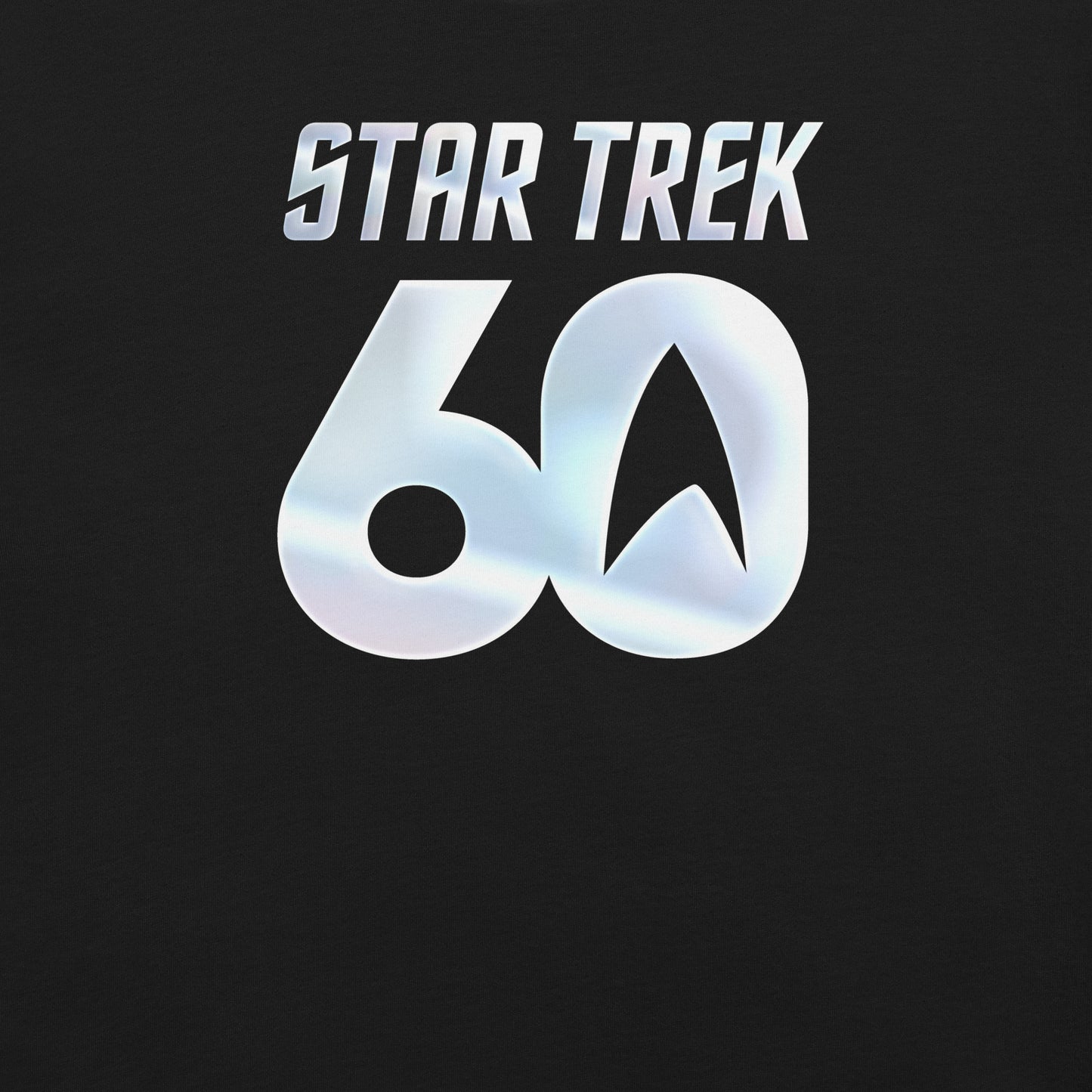 Close-up view of the commemorative Star Trek 60th anniversary graphic printed on the chest